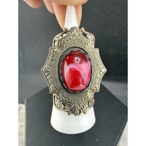 Vintage Red Stone Ring Adjustable Gold Tone 7"